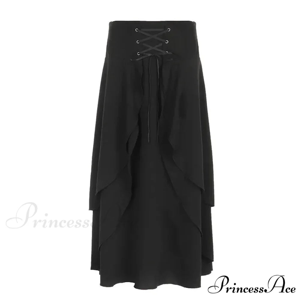 Women’s High Waist Layered Ruffle Maxi Cake Elegant Party Wedding Guest Y2K Solid Vintage Black A Line Skirt BLACK / S