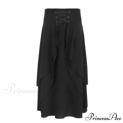 Women’s High Waist Layered Ruffle Maxi Cake Elegant Party Wedding Guest Y2K Solid Vintage Black A Line Skirt BLACK / S