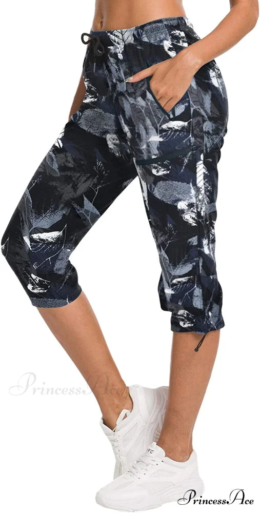 Women’s Hiking Capris Outdoor Quick Dry Pants Capri-black & Grey Leaves / X-Large