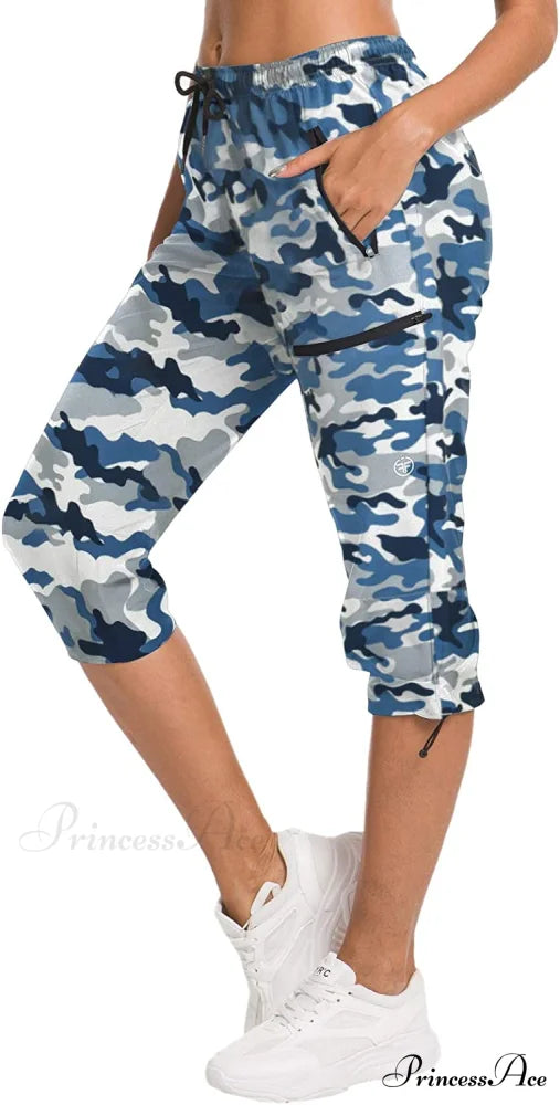Women’s Hiking Capris Outdoor Quick Dry Pants Capri-navy & Blue Camo / Large