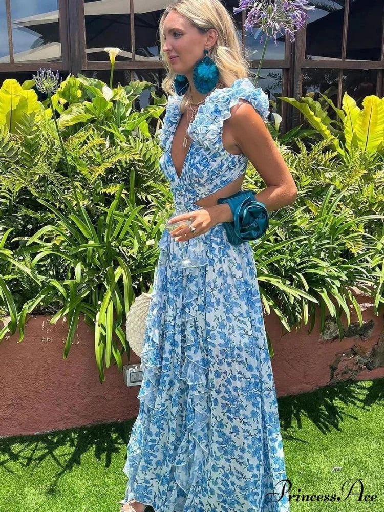 Women’s Holiday Party Dresses Sexy V Neck Backless Floral Ruffle Christmas Party Dress