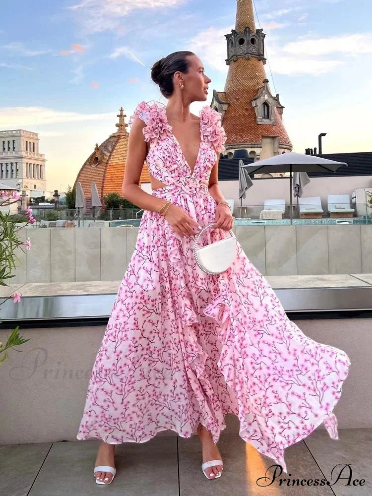 Women’s Holiday Party Dresses Sexy V Neck Backless Floral Ruffle Christmas Party Dress