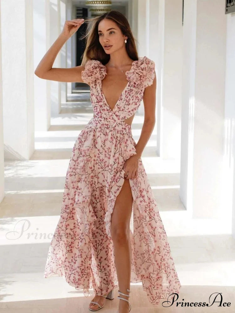 Women’s Holiday Party Dresses Sexy V Neck Backless Floral Ruffle Christmas Party Dress Pink / S