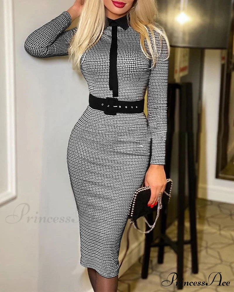 Women’s Houndstooth Print Long Sleeve Work Dress