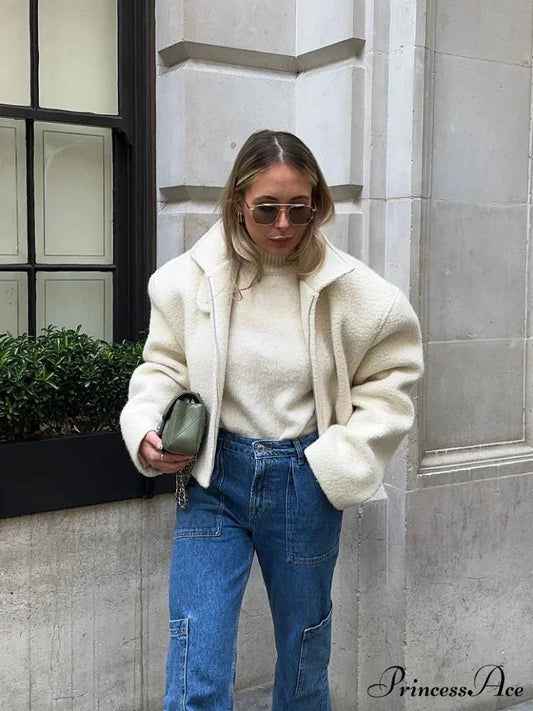 Women’s Ivory Lamb Wool Zipper Jacket coats-241228