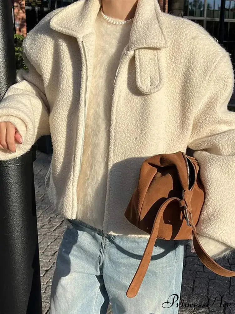 Women’s Ivory Lamb Wool Zipper Jacket coats-241228