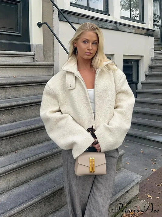 Women’s Ivory Lamb Wool Zipper Jacket White / S coats-241228