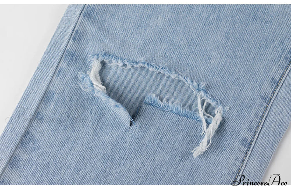 Womens Jeans Blue Cotton Trousers Baggy Wide High Leg Ripped Denim Wash Warm-Season Casual Waist Pants