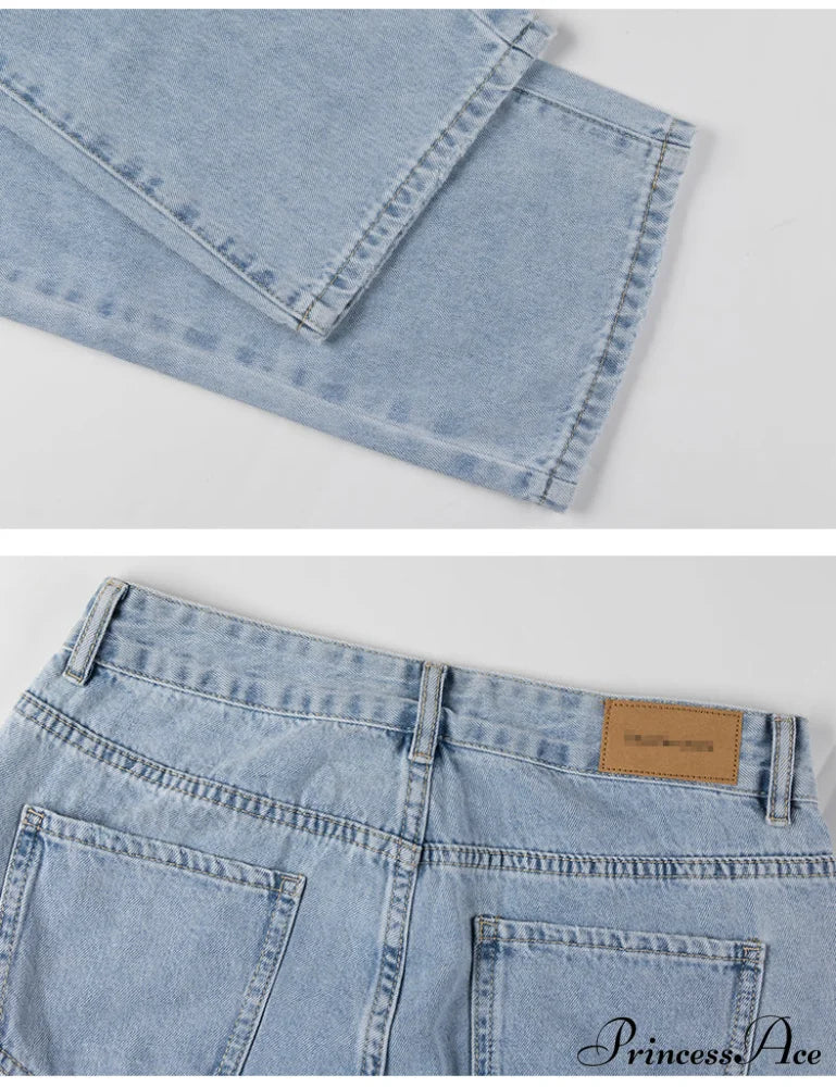Womens Jeans Blue Cotton Trousers Baggy Wide High Leg Ripped Denim Wash Warm-Season Casual Waist Pants