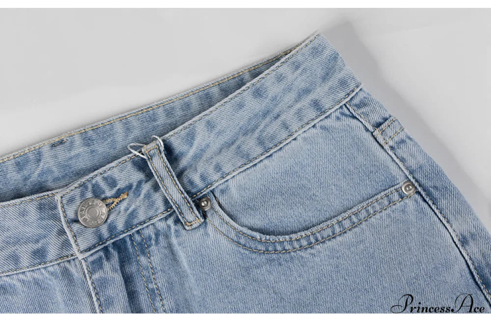 Womens Jeans Blue Cotton Trousers Baggy Wide High Leg Ripped Denim Wash Warm-Season Casual Waist Pants