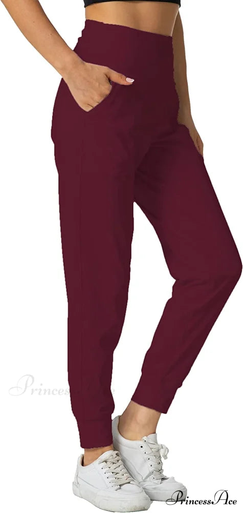 Women’s Joggers with Pockets High Waisted Athletic Sports Pants Burgundy- / X-Large