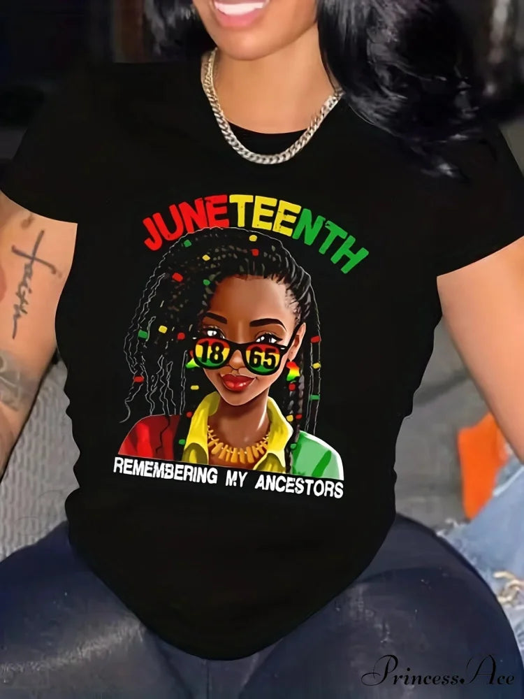 Women’s Juneteenth Figure & Letter Casual Short Sleeve Spring and Summer T-shirt