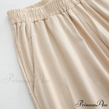 Womens Linen Capri Pants with Pockets Full Elastic Waistband Casual Pants