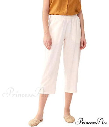 Womens Linen Capri Pants with Pockets Full Elastic Waistband Casual Pants