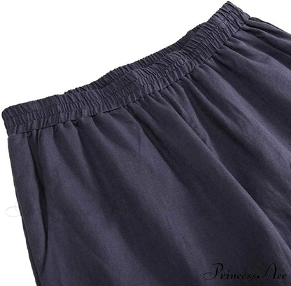 Womens Linen Capri Pants with Pockets Full Elastic Waistband Casual Pants