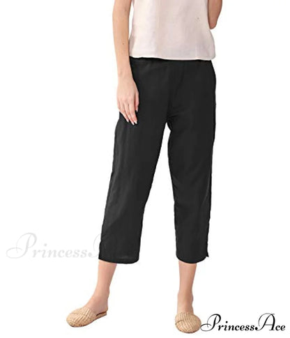 Womens Linen Capri Pants with Pockets Full Elastic Waistband Casual Pants