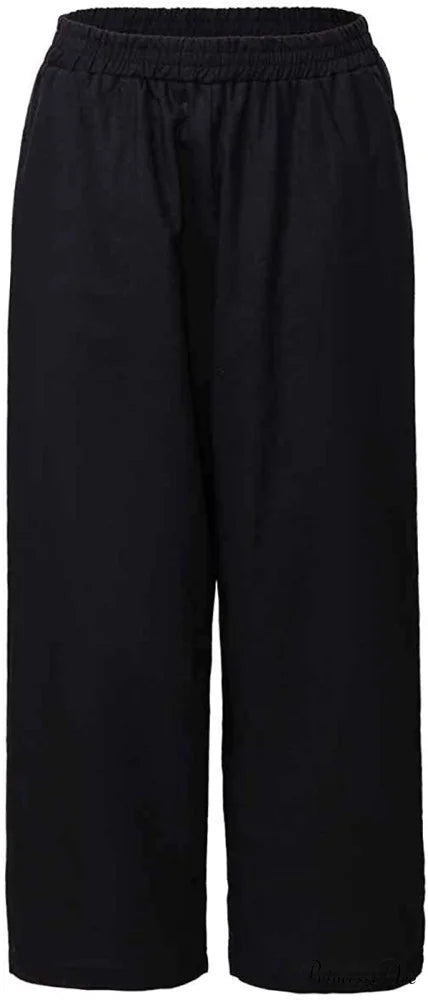 Womens Linen Capri Pants with Pockets Full Elastic Waistband Casual Pants