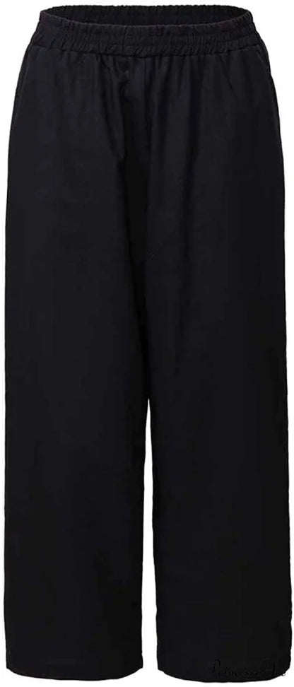 Womens Linen Capri Pants with Pockets Full Elastic Waistband Casual Pants