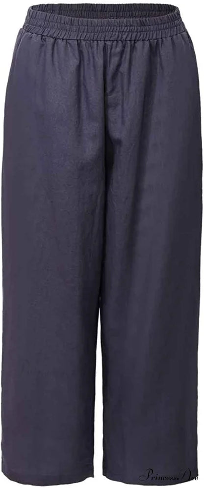 Womens Linen Capri Pants with Pockets Full Elastic Waistband Casual Pants