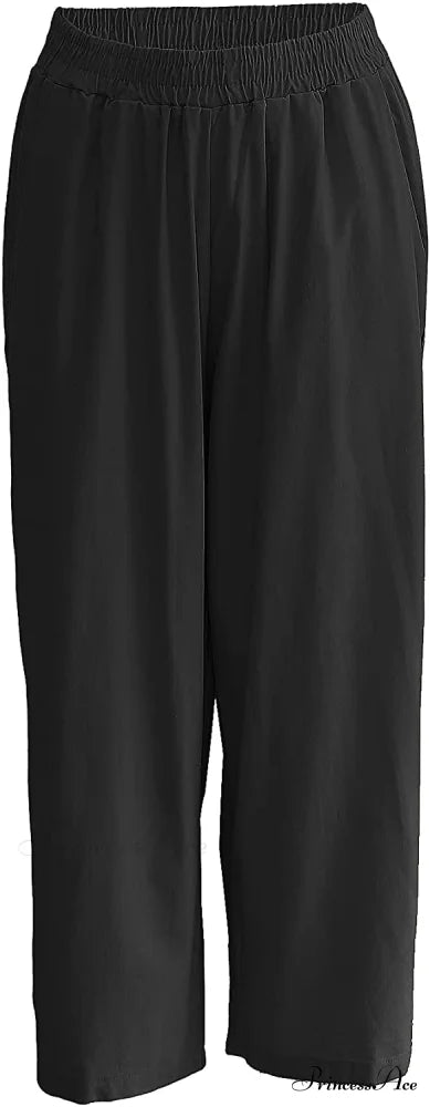 Womens Linen Capri Pants with Pockets Full Elastic Waistband Casual Pants A-black / Medium