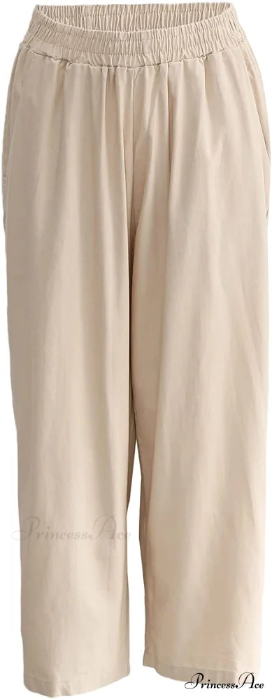 Womens Linen Capri Pants with Pockets Full Elastic Waistband Casual Pants A-ivory / Medium