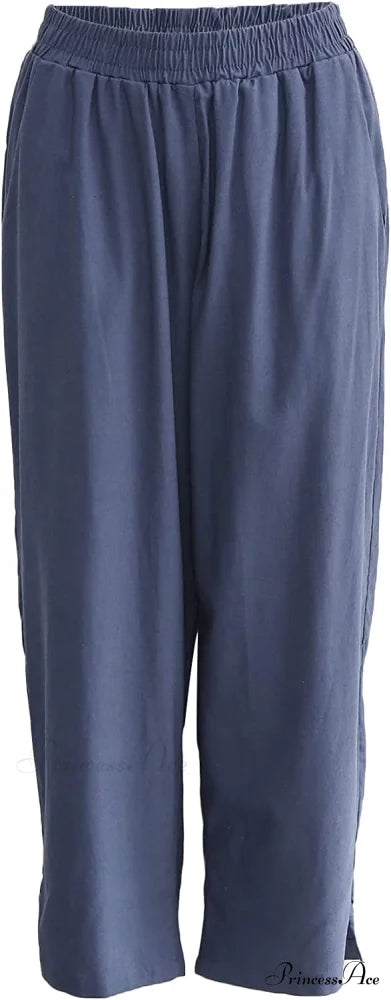 Womens Linen Capri Pants with Pockets Full Elastic Waistband Casual Pants A-navy Blue / Medium
