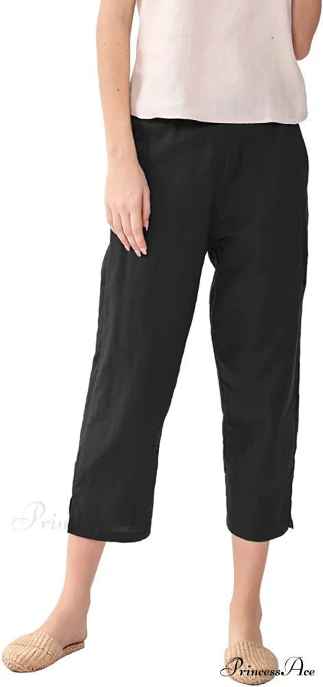 Womens Linen Capri Pants with Pockets Full Elastic Waistband Casual Pants Black / Medium