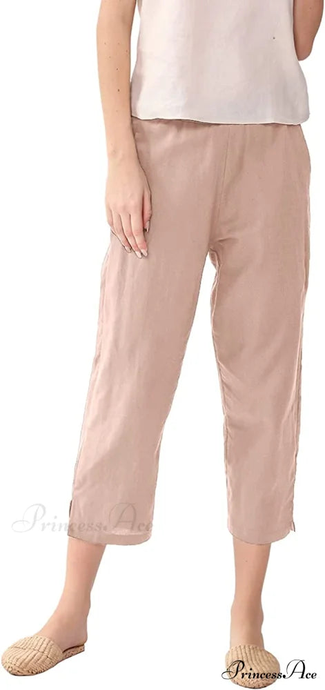 Womens Linen Capri Pants with Pockets Full Elastic Waistband Casual Pants Brown / Medium