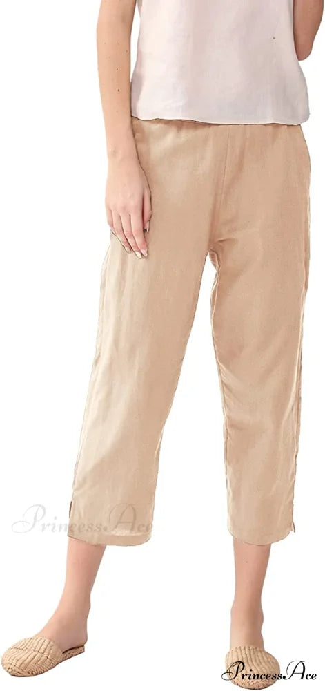Womens Linen Capri Pants with Pockets Full Elastic Waistband Casual Pants Champagne / Medium