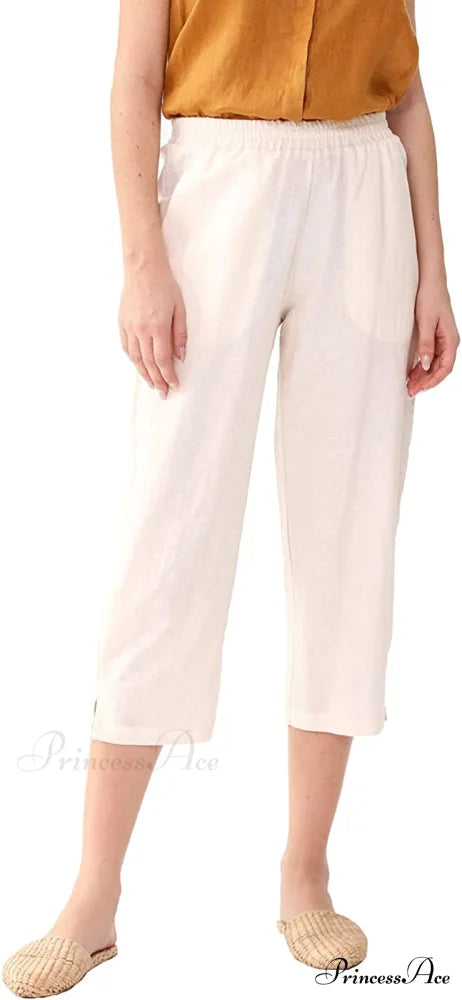 Womens Linen Capri Pants with Pockets Full Elastic Waistband Casual Pants Linen / Medium