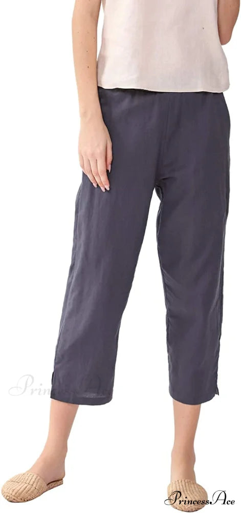Womens Linen Capri Pants with Pockets Full Elastic Waistband Casual Pants Midnight Blue / Medium