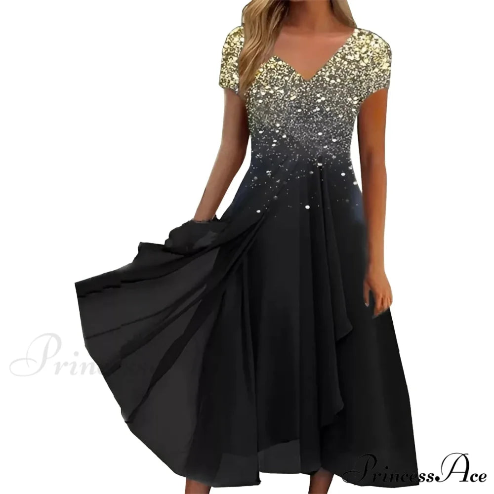 Women’s Long Chiffon Stitching Lace Female Bridesmaids Elegant Maxi Pure Color Round Neck Long Vestidos Dress BLACK / S