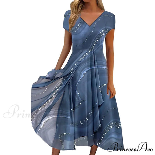 Women’s Long Chiffon Stitching Lace Female Bridesmaids Elegant Maxi Pure Color Round Neck Long Vestidos Dress BLUE / S
