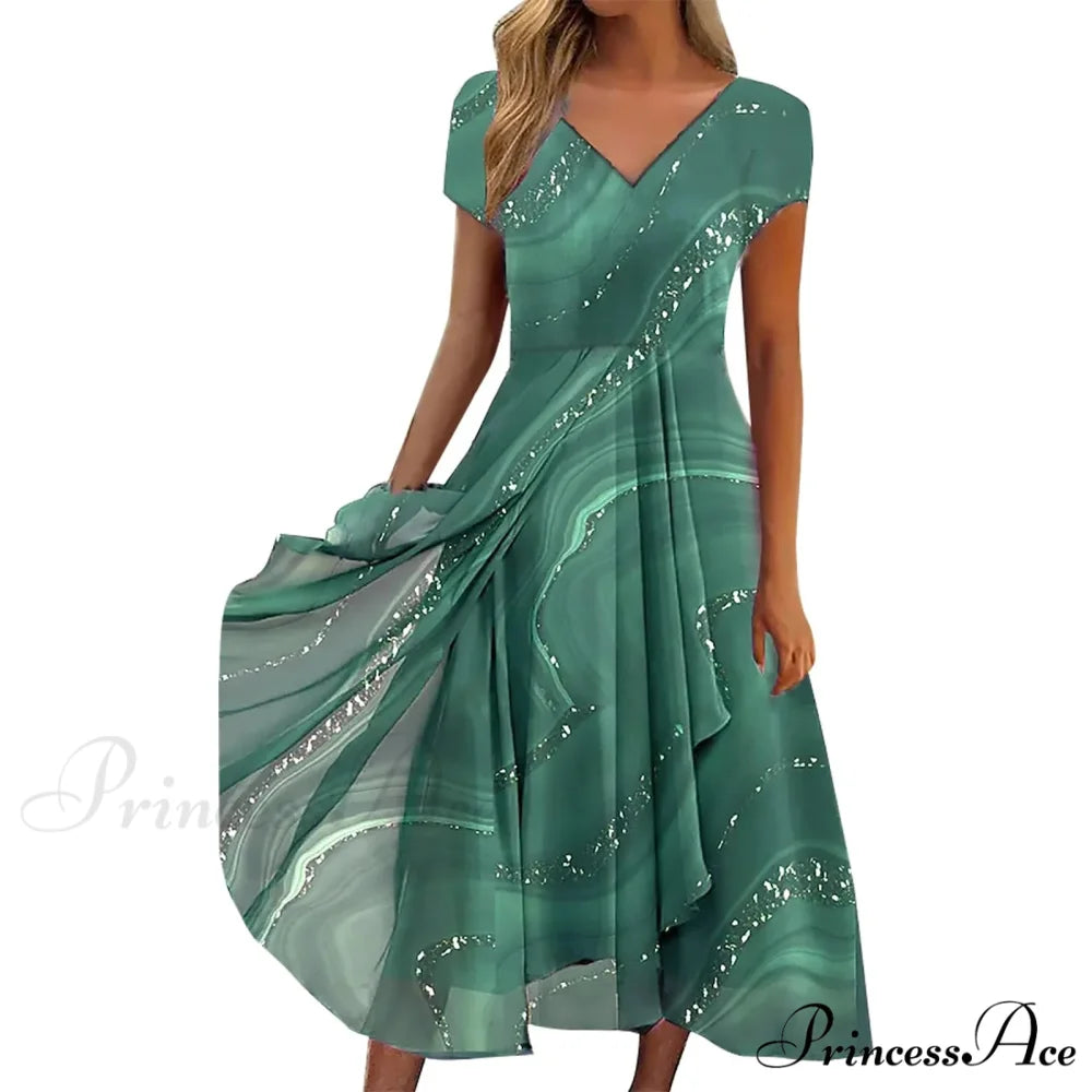 Women’s Long Chiffon Stitching Lace Female Bridesmaids Elegant Maxi Pure Color Round Neck Long Vestidos Dress GREEN / S