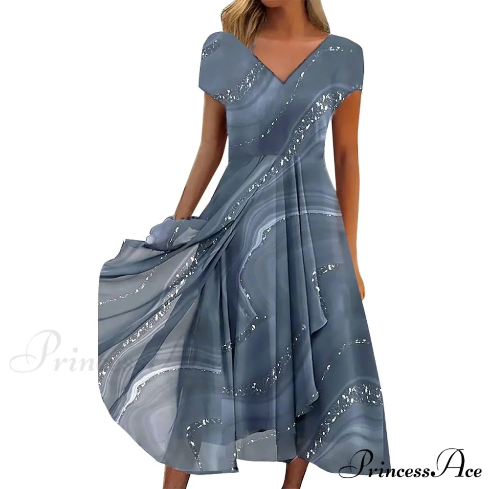 Women’s Long Chiffon Stitching Lace Female Bridesmaids Elegant Maxi Pure Color Round Neck Long Vestidos Dress GREY / S