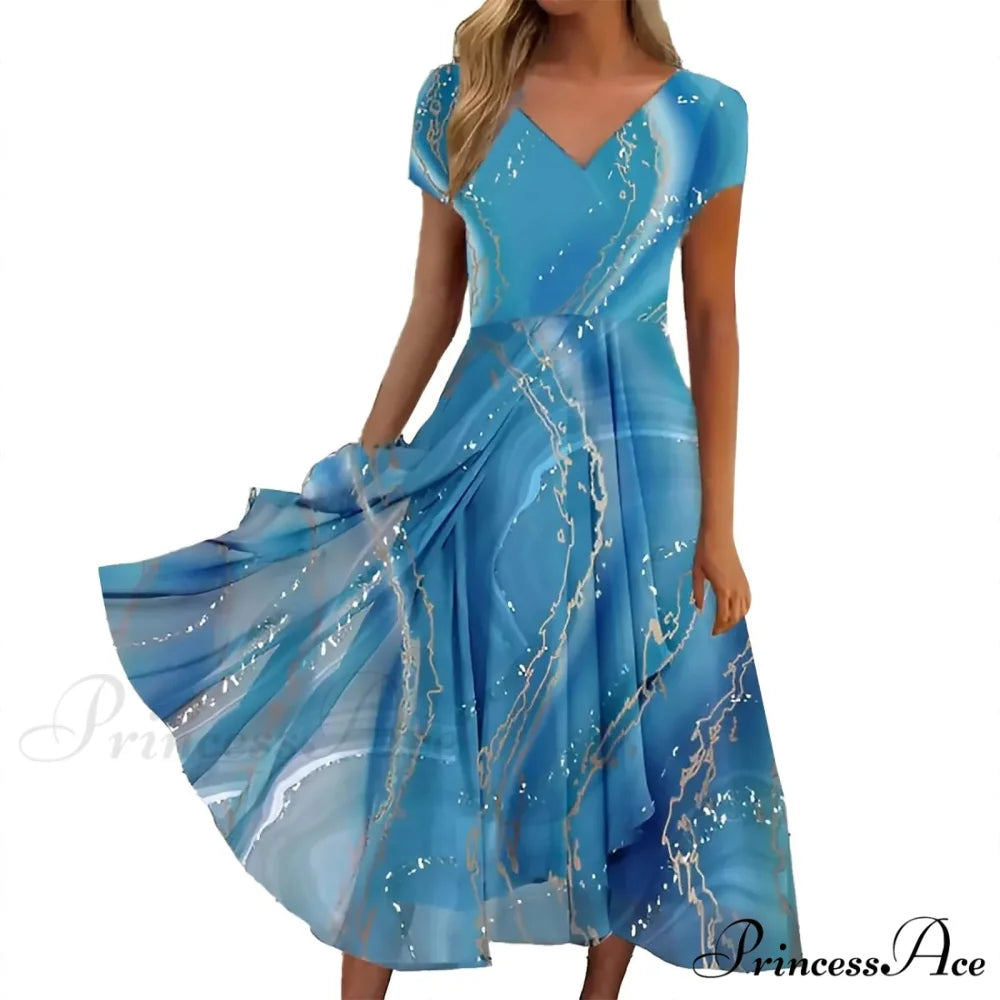 Women’s Long Chiffon Stitching Lace Female Bridesmaids Elegant Maxi Pure Color Round Neck Long Vestidos Dress Sky Blue