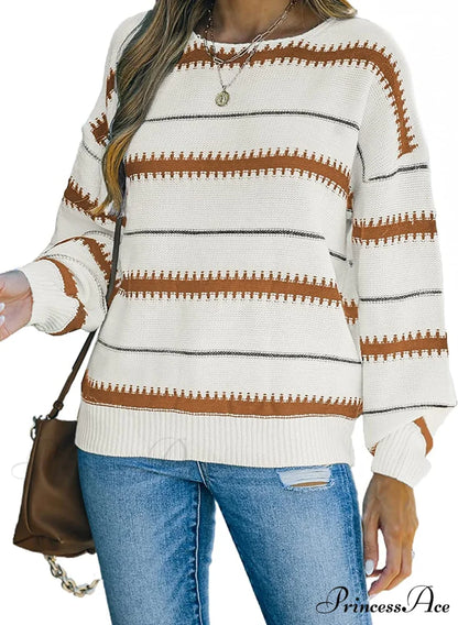 Womens Long Sleeve Crewneck Pullover Knit Jumper Tops A3 Brown / Medium