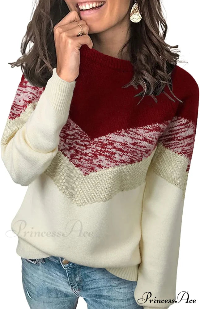 Womens Long Sleeve Crewneck Pullover Knit Jumper Tops B Red / Medium