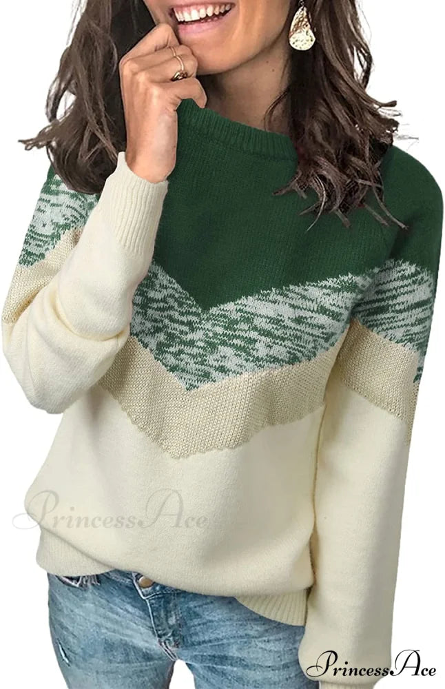 Womens Long Sleeve Crewneck Pullover Knit Jumper Tops B1 Green / Medium