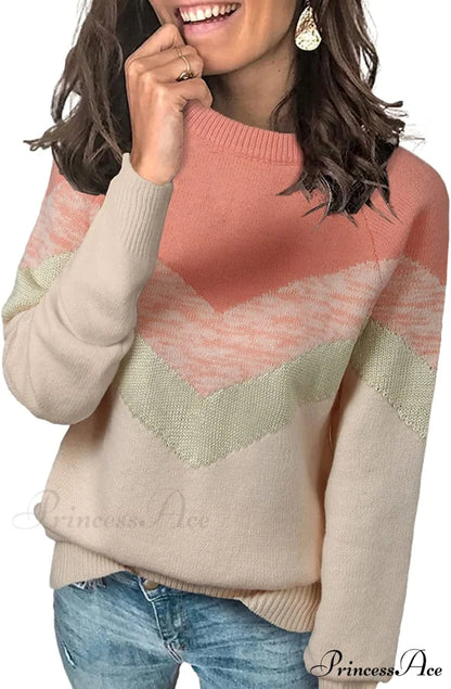 Womens Long Sleeve Crewneck Pullover Knit Jumper Tops B1 Pink / Medium