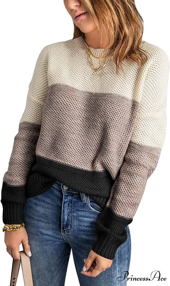 Womens Long Sleeve Crewneck Pullover Knit Jumper Tops D Black / Medium