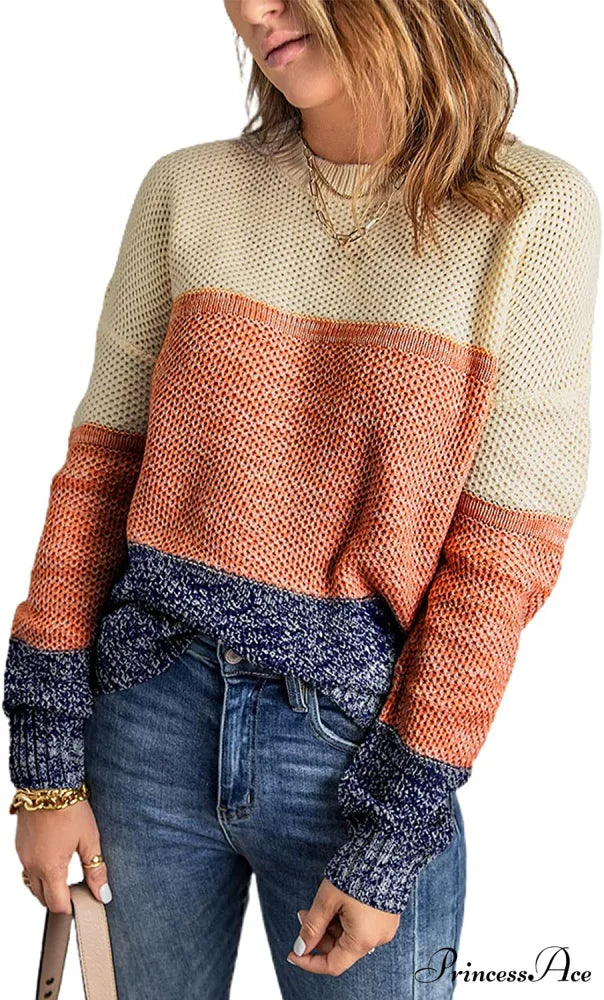 Womens Long Sleeve Crewneck Pullover Knit Jumper Tops D Brown / Medium