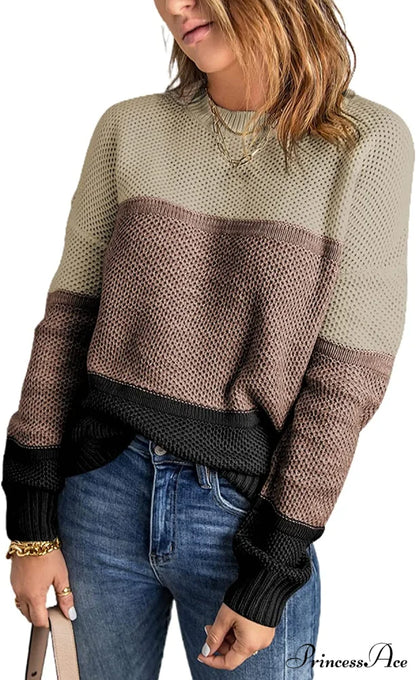 Womens Long Sleeve Crewneck Pullover Knit Jumper Tops D Off-white / Medium