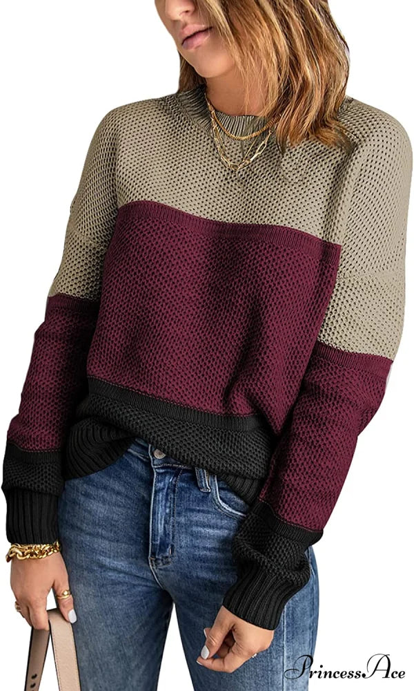 Womens Long Sleeve Crewneck Pullover Knit Jumper Tops D Red / Medium