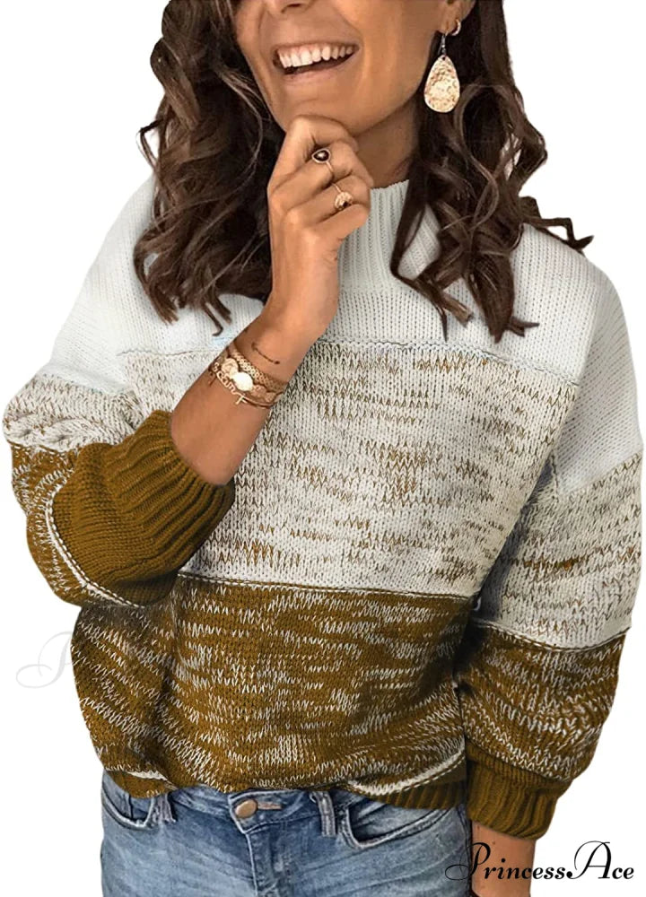 Womens Long Sleeve Crewneck Pullover Knit Jumper Tops E Brown / Medium