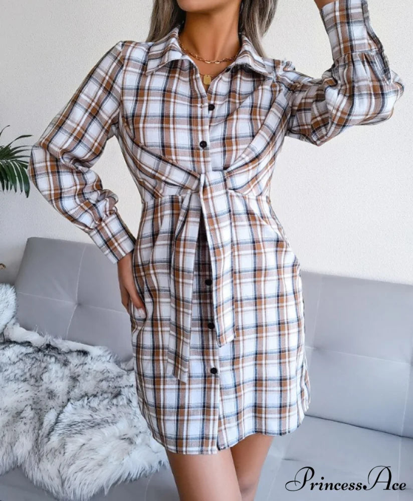 Women’s Long Sleeve Lace-Up Shirt Dress - Single-Breasted Cotton Linen Autumn Print L / BLUE