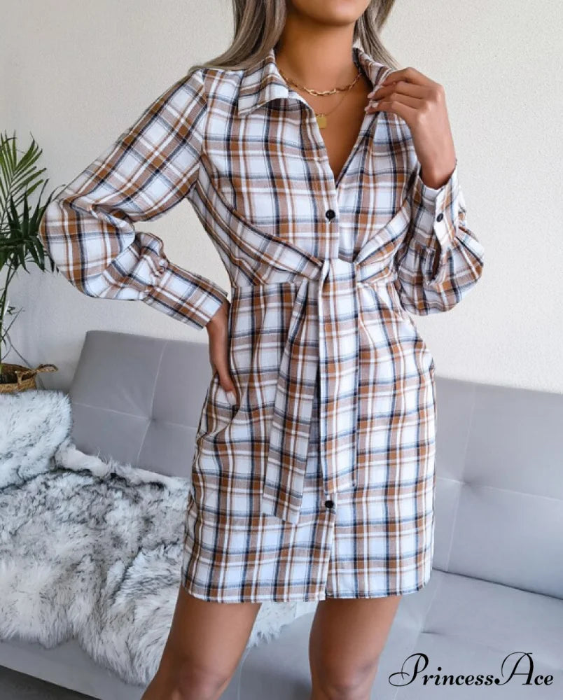 Women’s Long Sleeve Lace-Up Shirt Dress - Single-Breasted Cotton Linen Autumn Print M / KHAKI