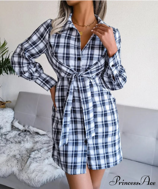 Women’s Long Sleeve Lace-Up Shirt Dress - Single-Breasted Cotton Linen Autumn Print S / BLUE