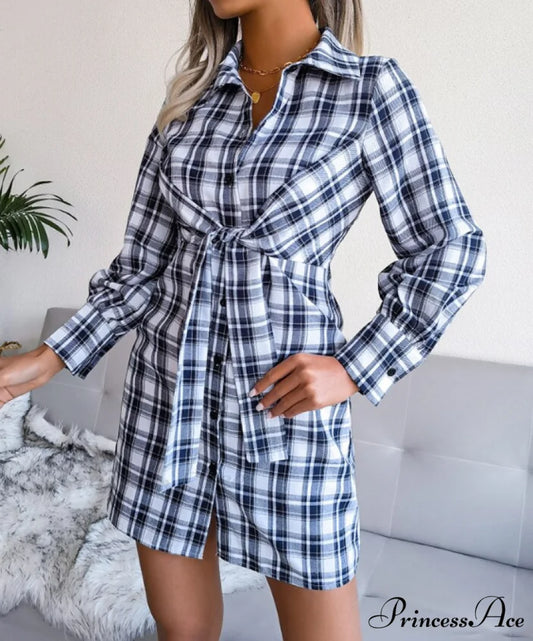 Women’s Long Sleeve Lace-Up Shirt Dress - Single-Breasted Cotton Linen Autumn Print S / GREEN