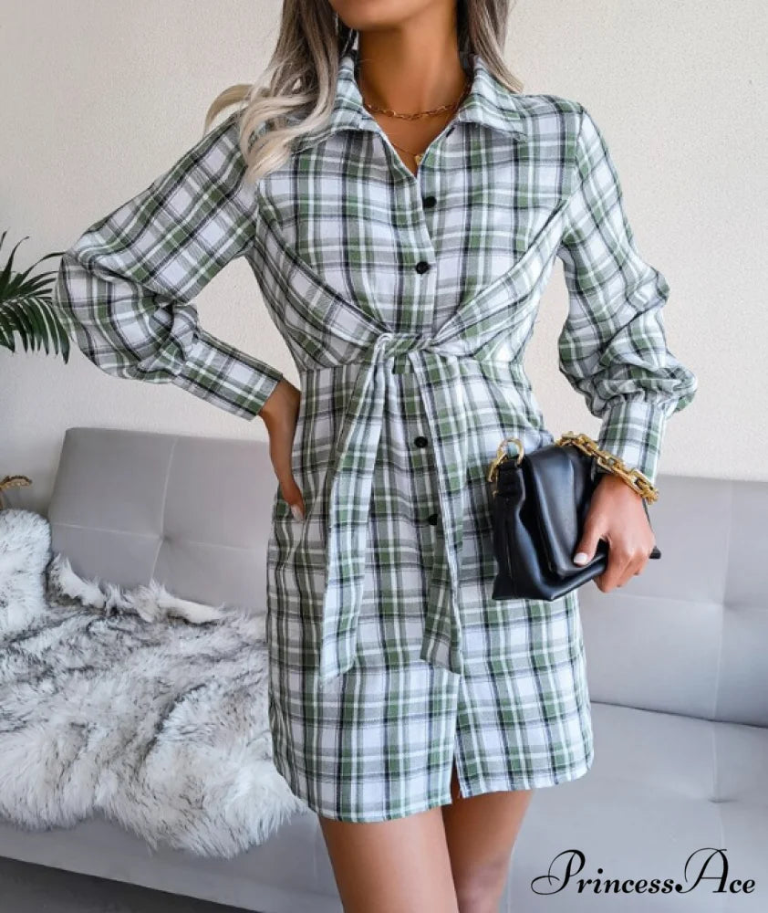 Women’s Long Sleeve Lace-Up Shirt Dress - Single-Breasted Cotton Linen Autumn Print XL / BLUE